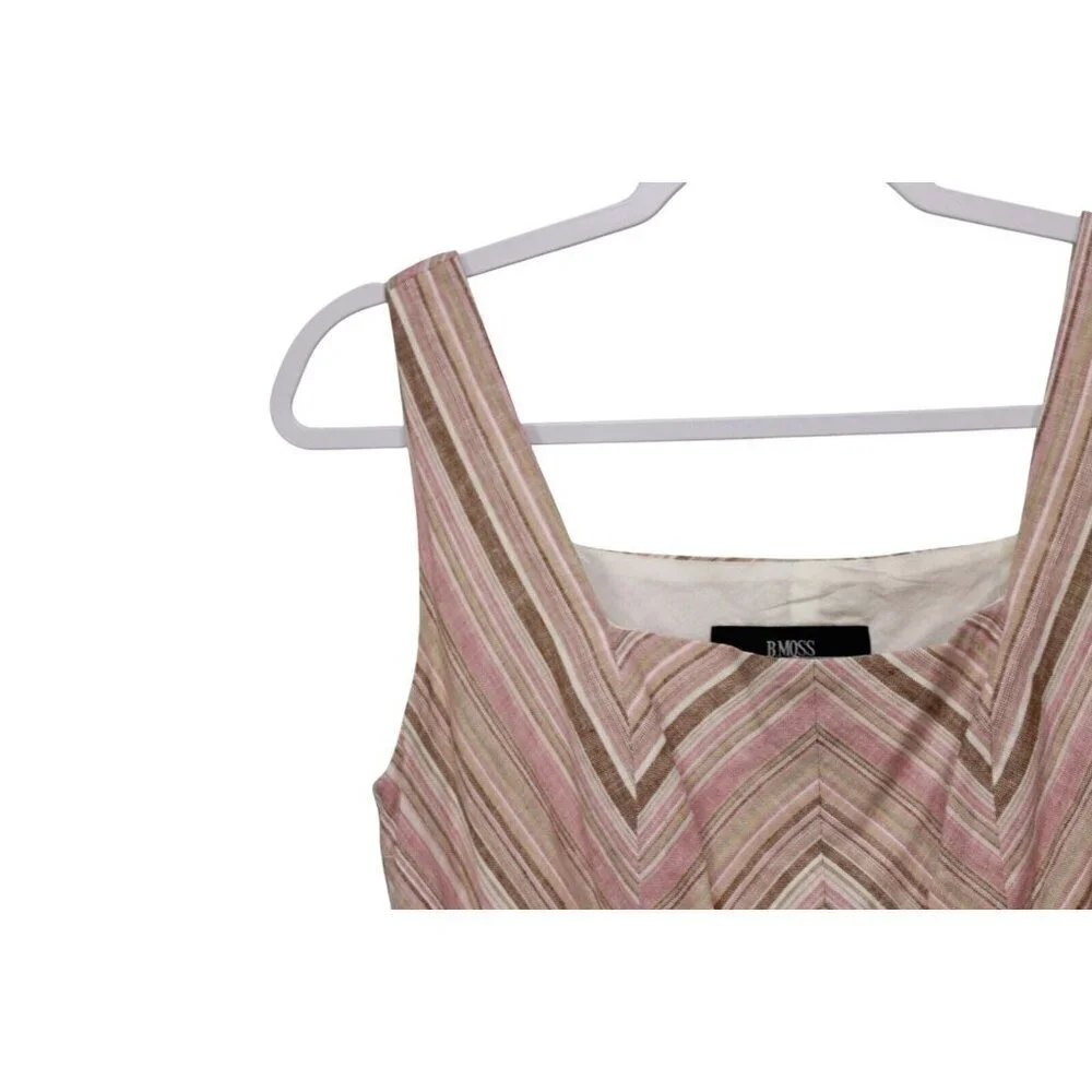Fit & Flare Swing Midi Dress Size 4 Linen Chevron Beach Retro Boho Sundress